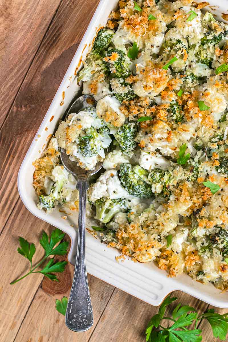 Broccoli Cauliflower Casserole close up in baking dish