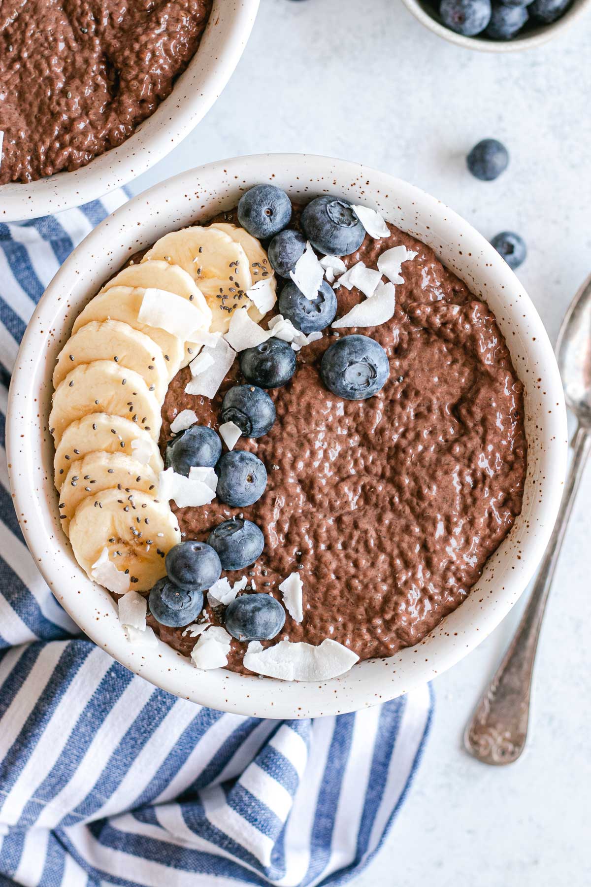 Chocolate Chia Pudding in a bowl with fruit