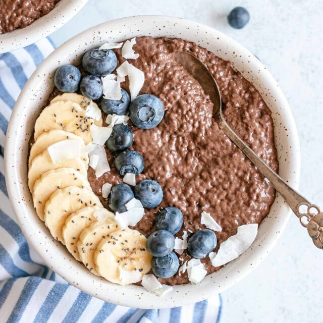 Chocolate Chia Pudding in a bowl with fruit