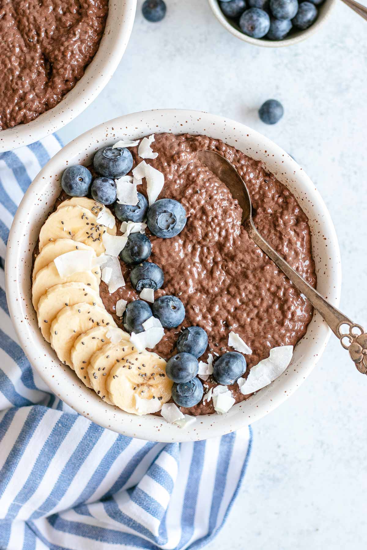 Chocolate Chia Pudding in a bowl with fruit