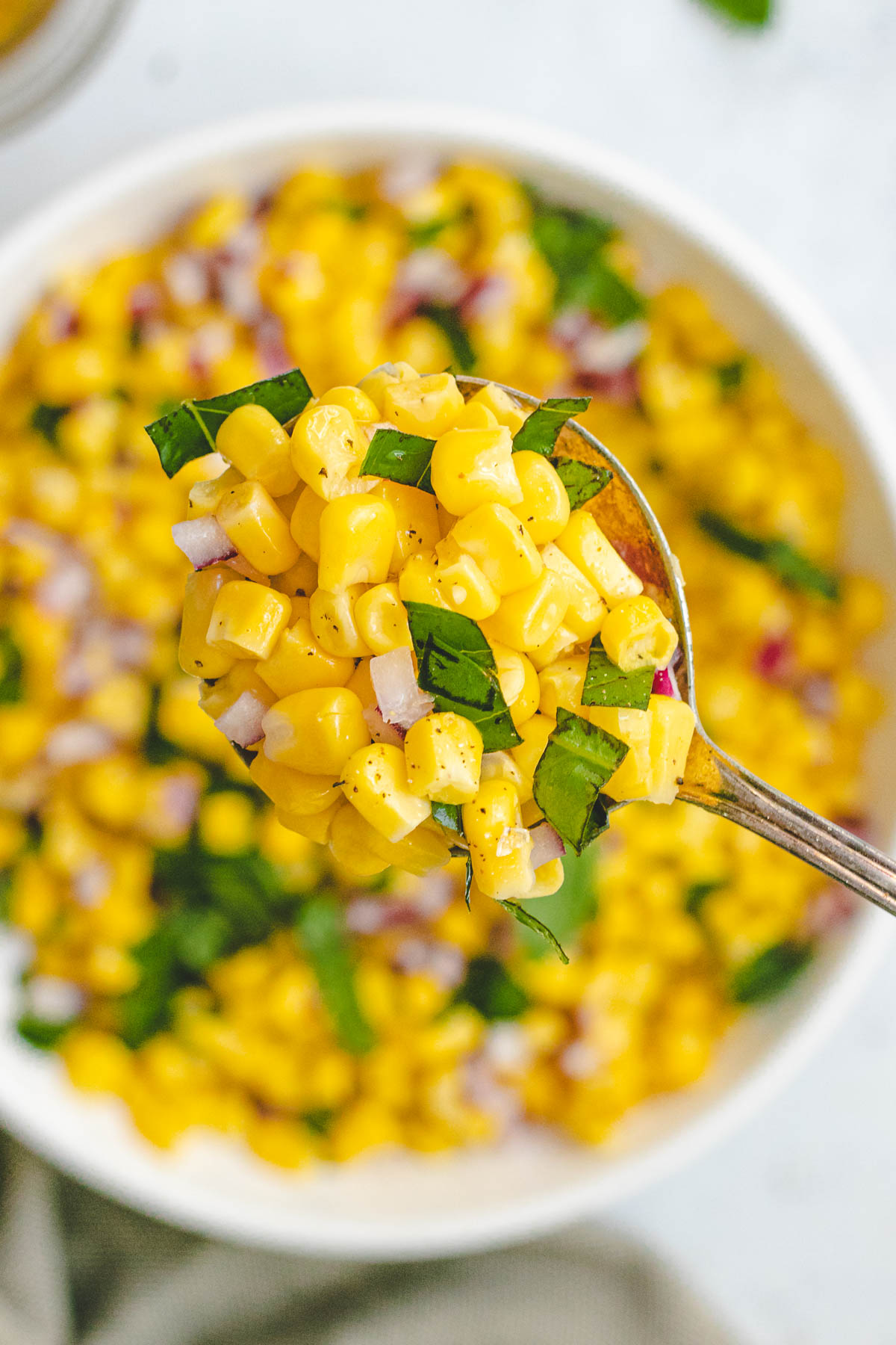 Corn Salad up close on spoon