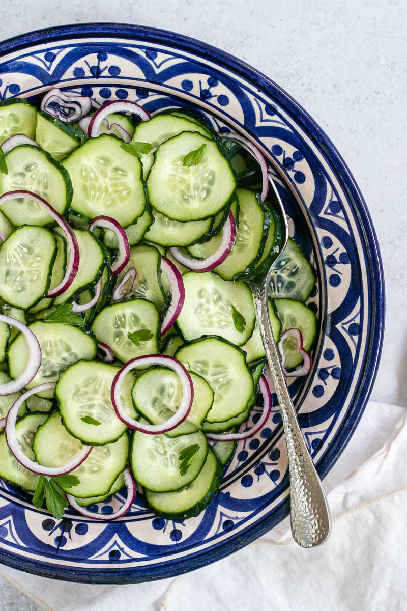 Cucumber Salad on plate with fork