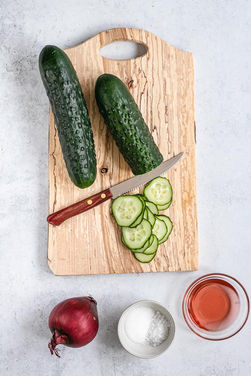 Cucumber Salad cucumbers on cutting board