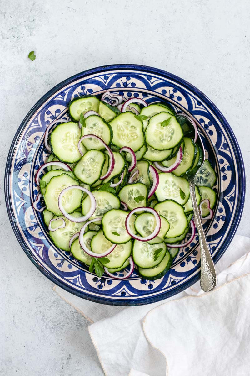 Cucumber Salad on plate with fork