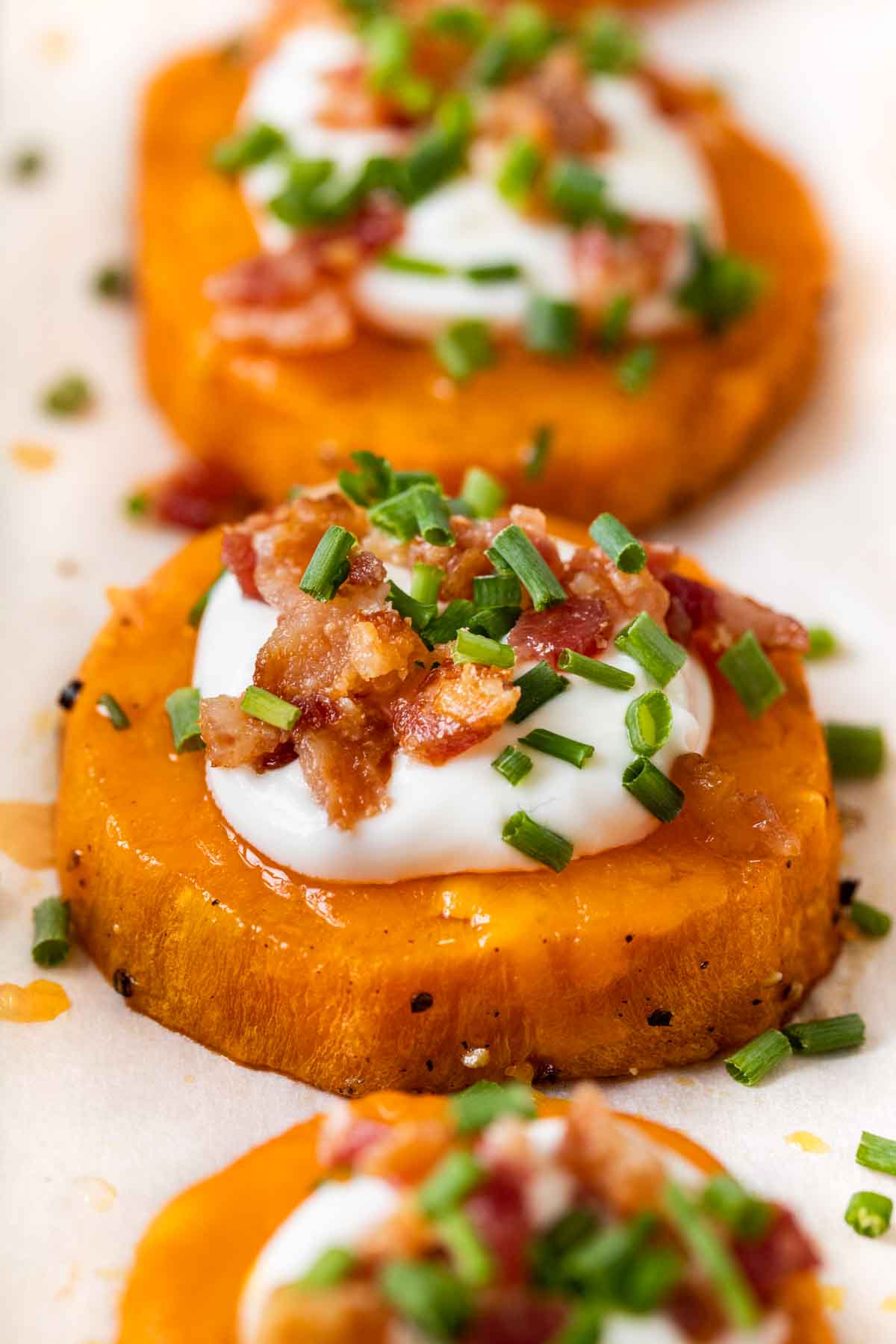 Loaded Sweet Potato Rounds on baking dish