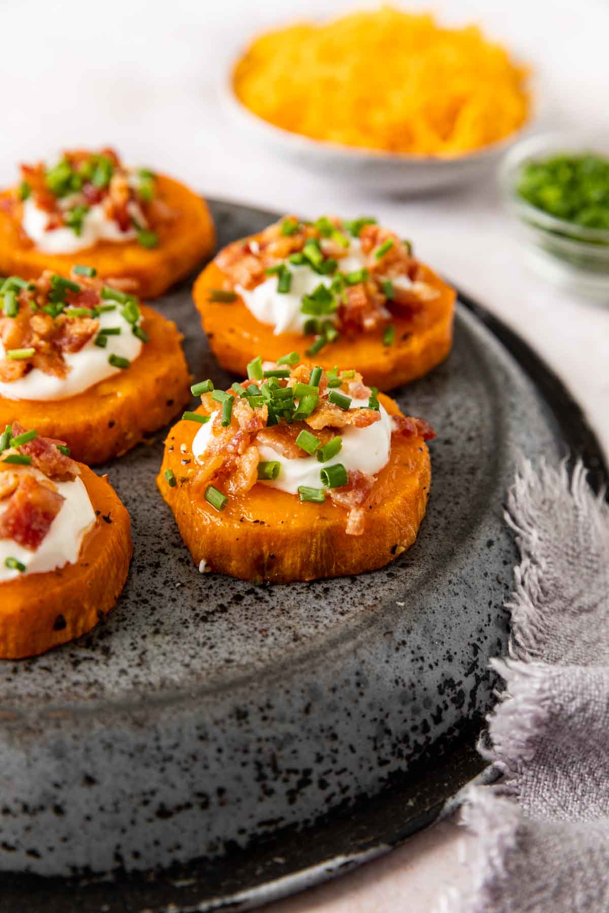 Loaded Sweet Potato Rounds on plate