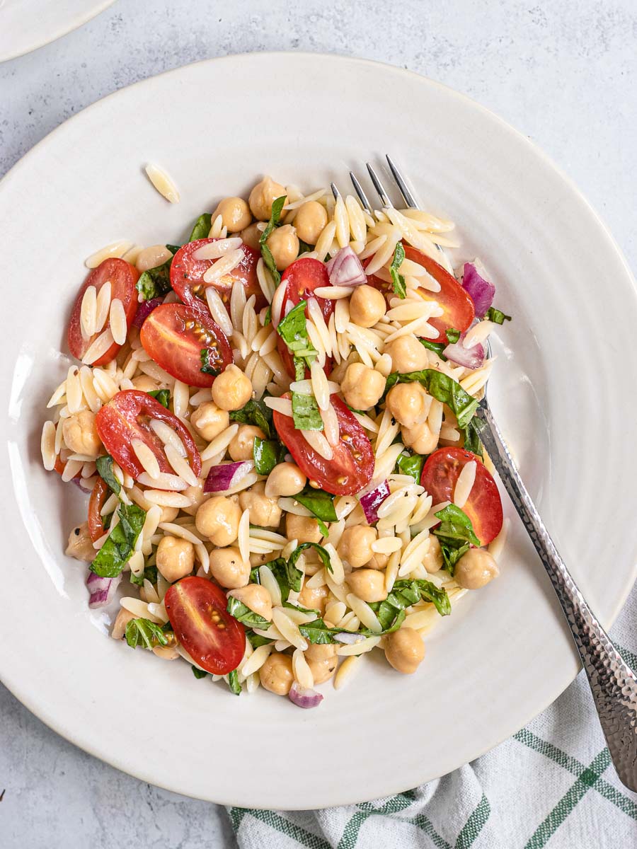 Orzo Salad on plate with fork