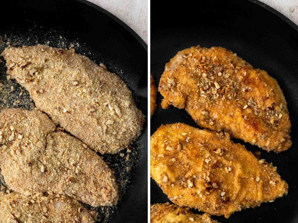 Pecan-Crusted Chicken collage in cast-iron pan before and after cooking