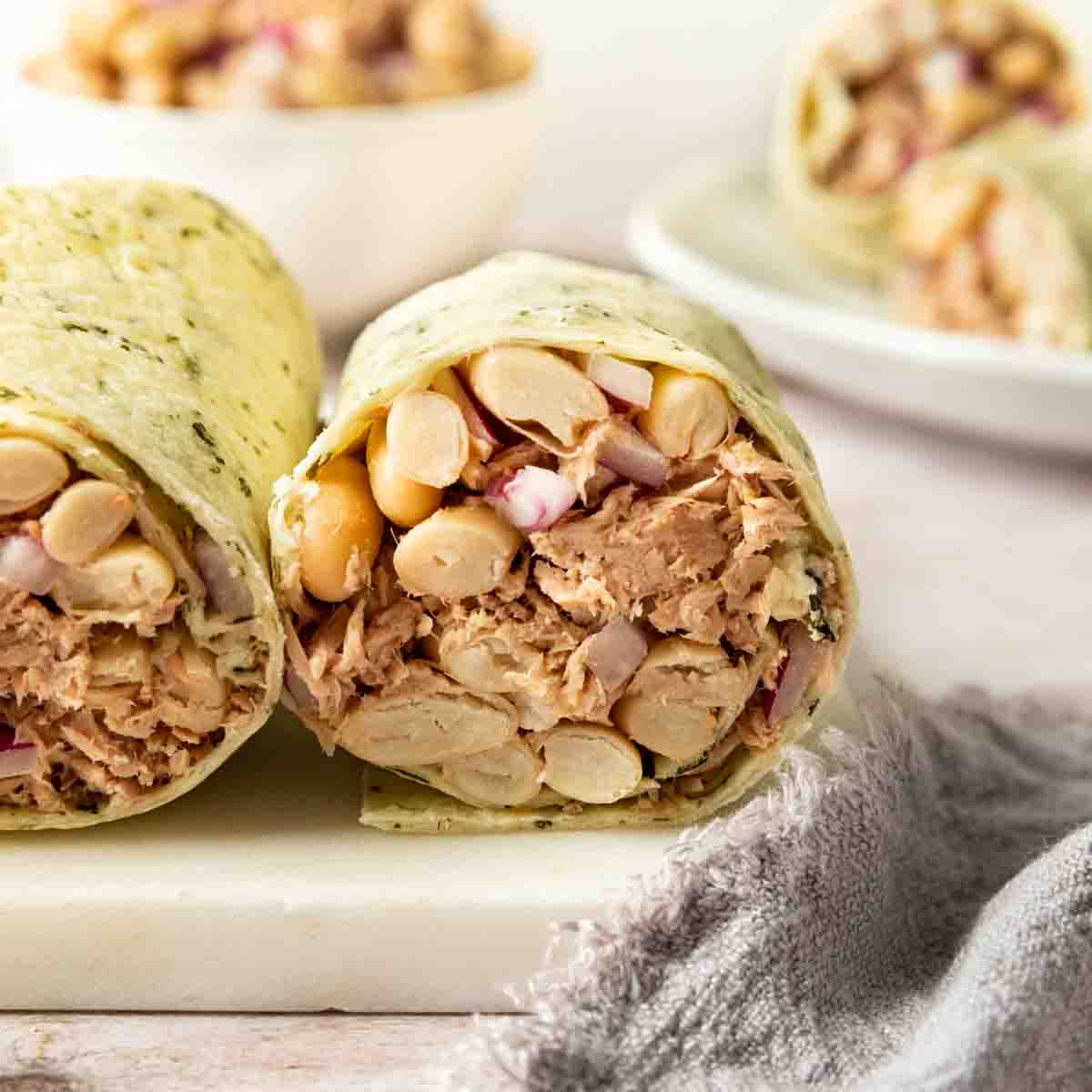 White Bean Tuna Salad in tortilla wrap