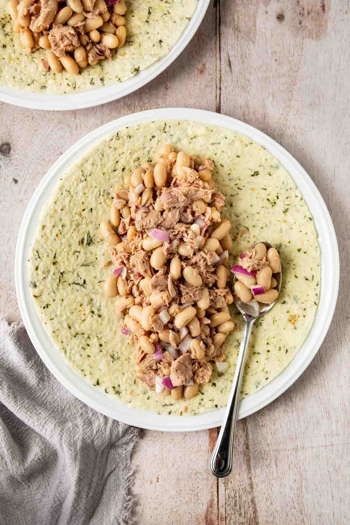 White Bean Tuna Salad on tortilla