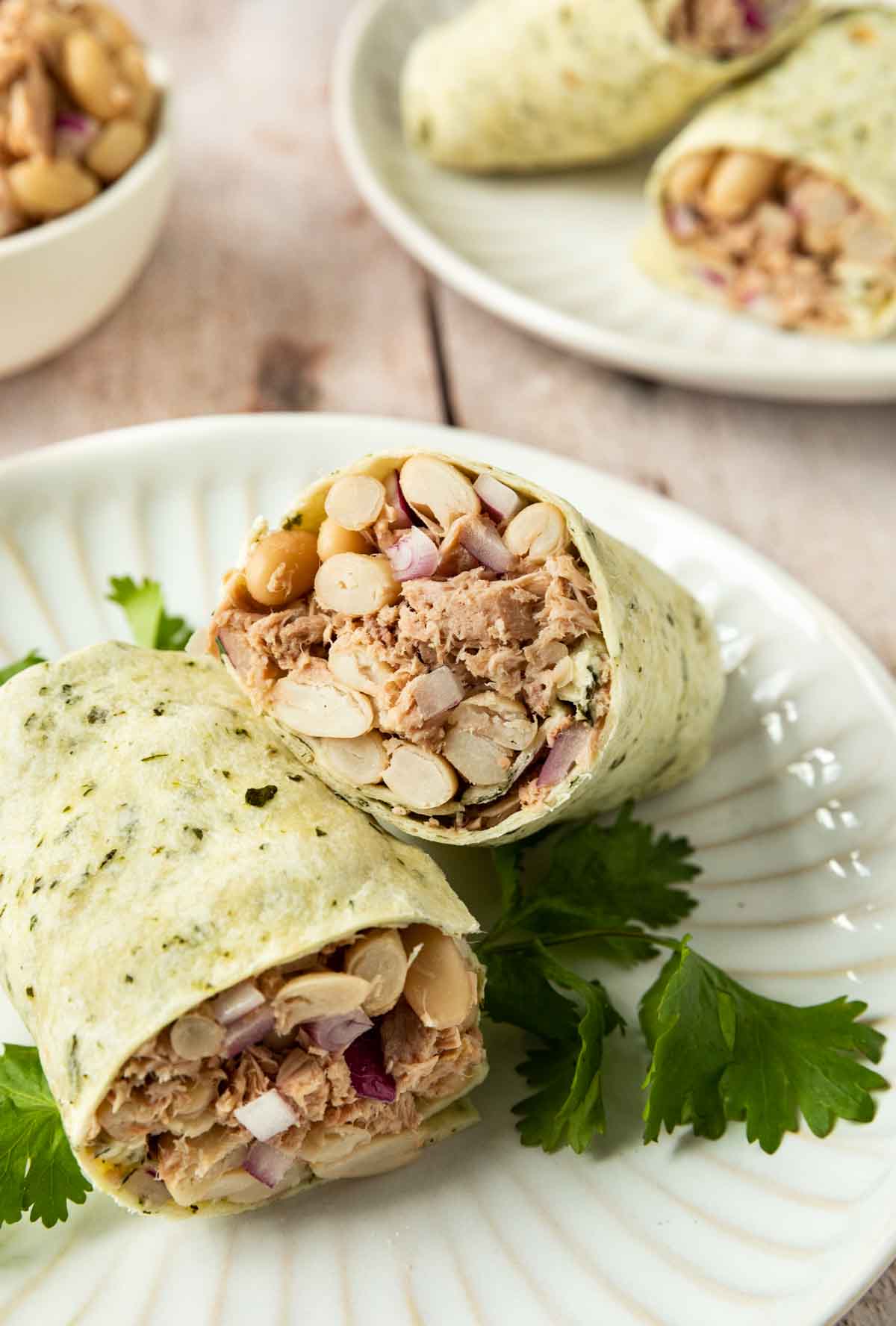 White Bean Tuna Salad in tortilla wrap