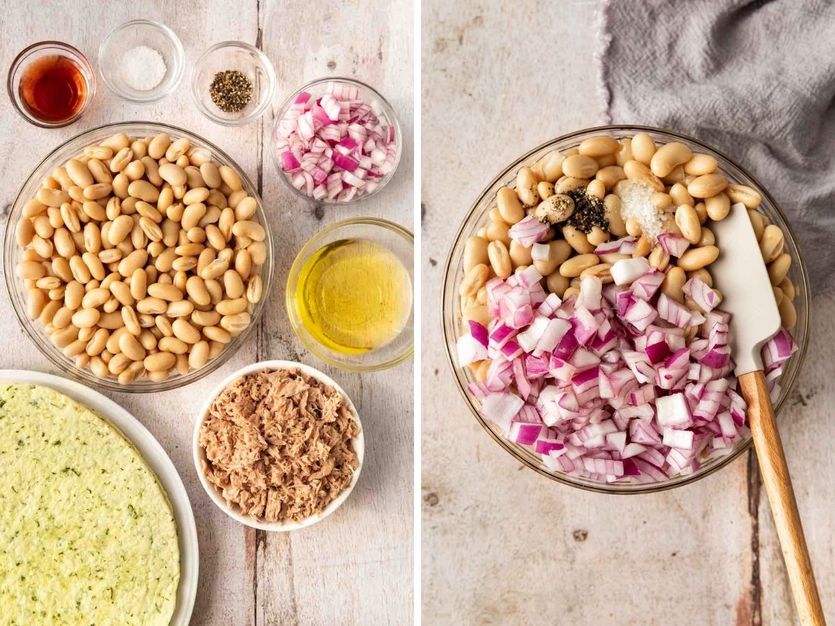 White Bean Tuna Salad ingredients before and after mixing