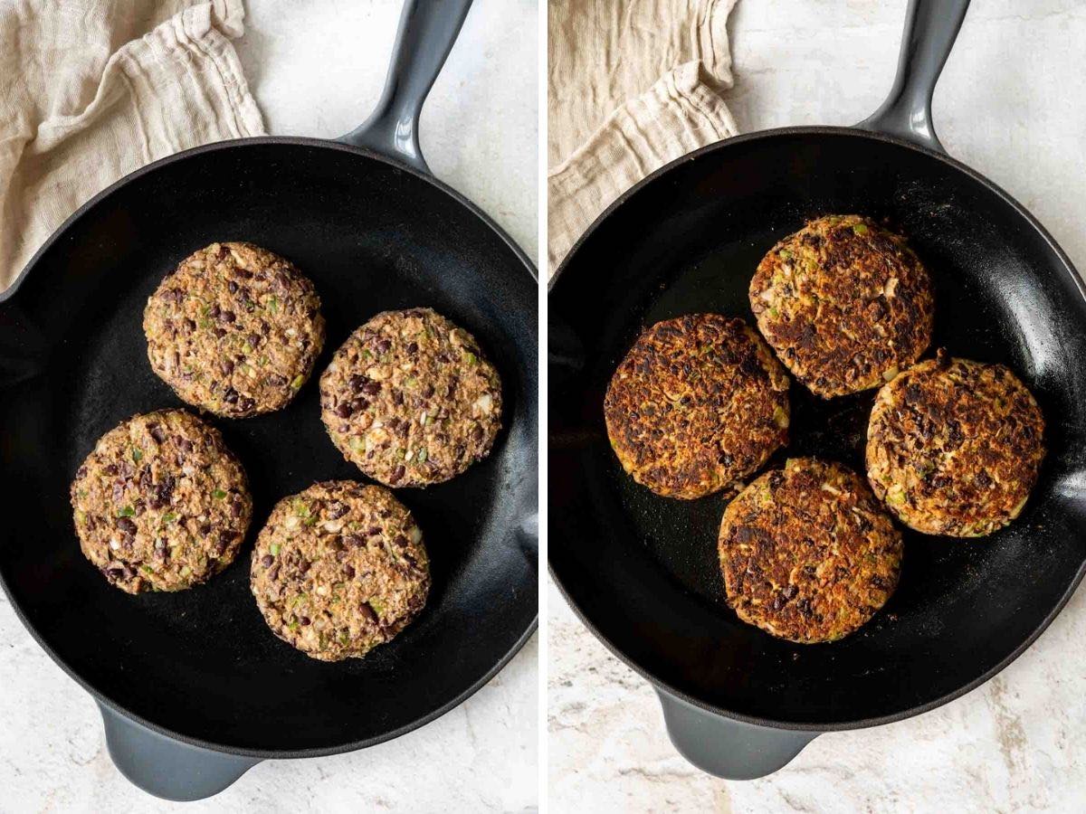 Black Bean Burgers in cast iron pan before and after cooking