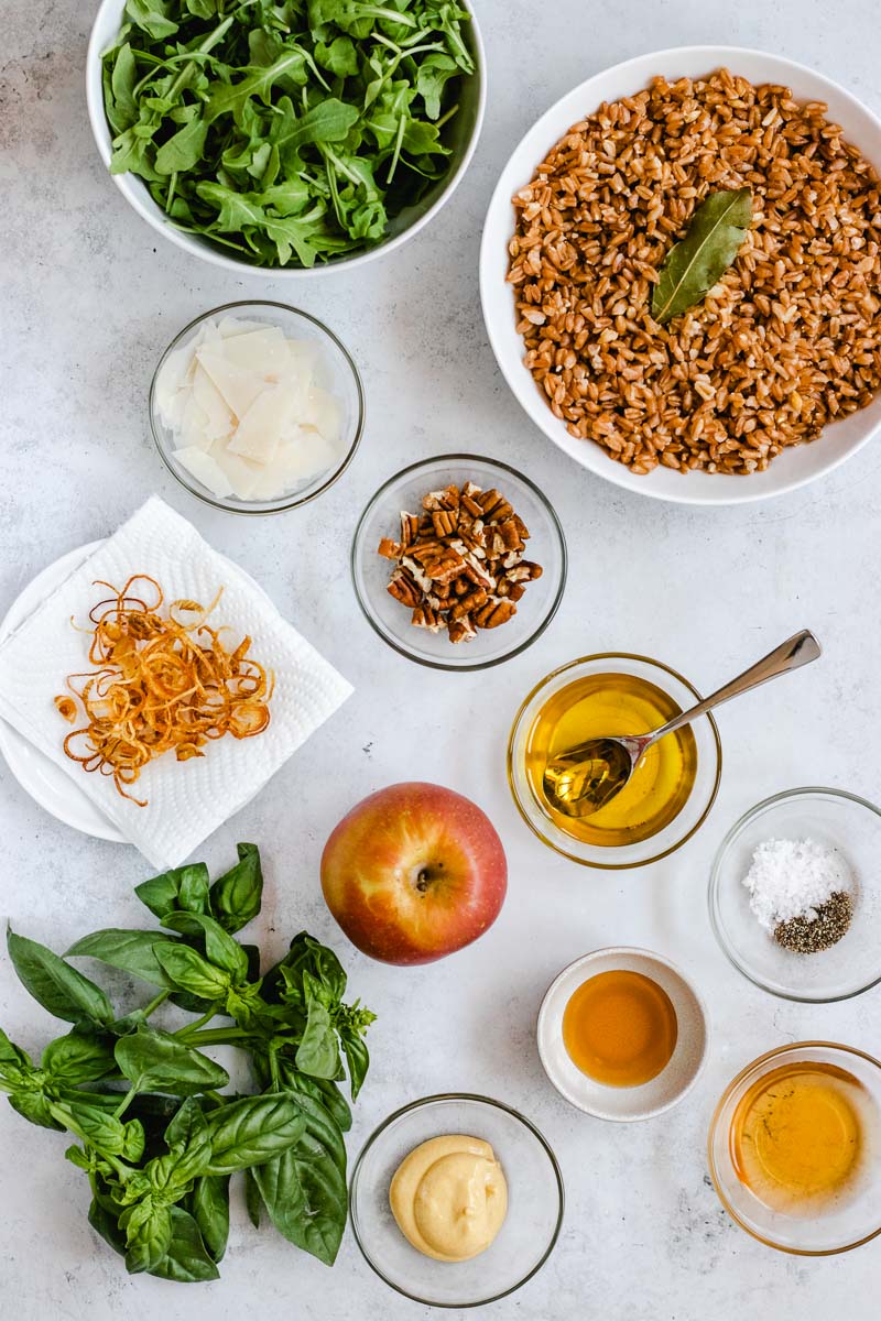 Farro salad ingredients in bowls