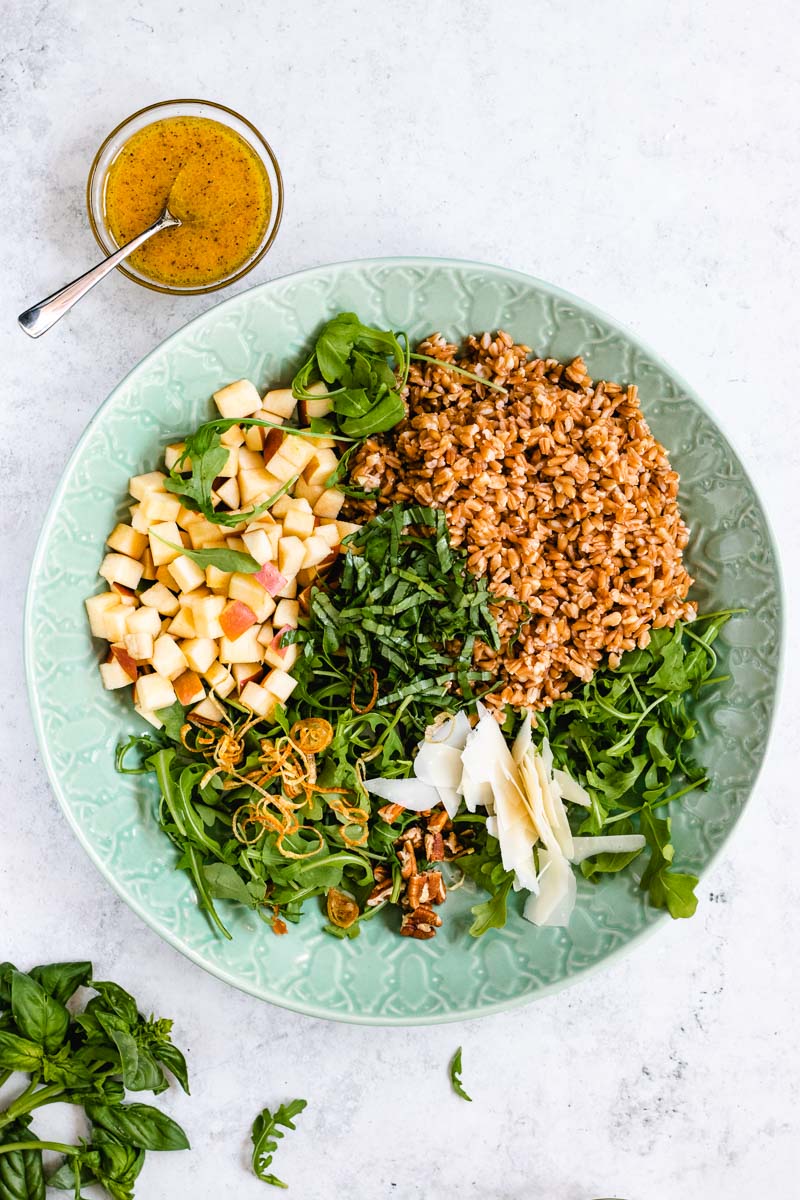 Farro Salad ingredients in mixing bowl