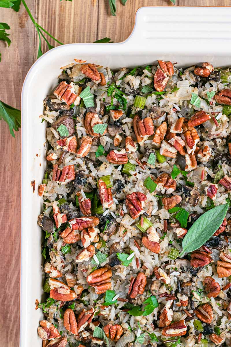 Healthy Wild Rice Stuffing close up in baking dish