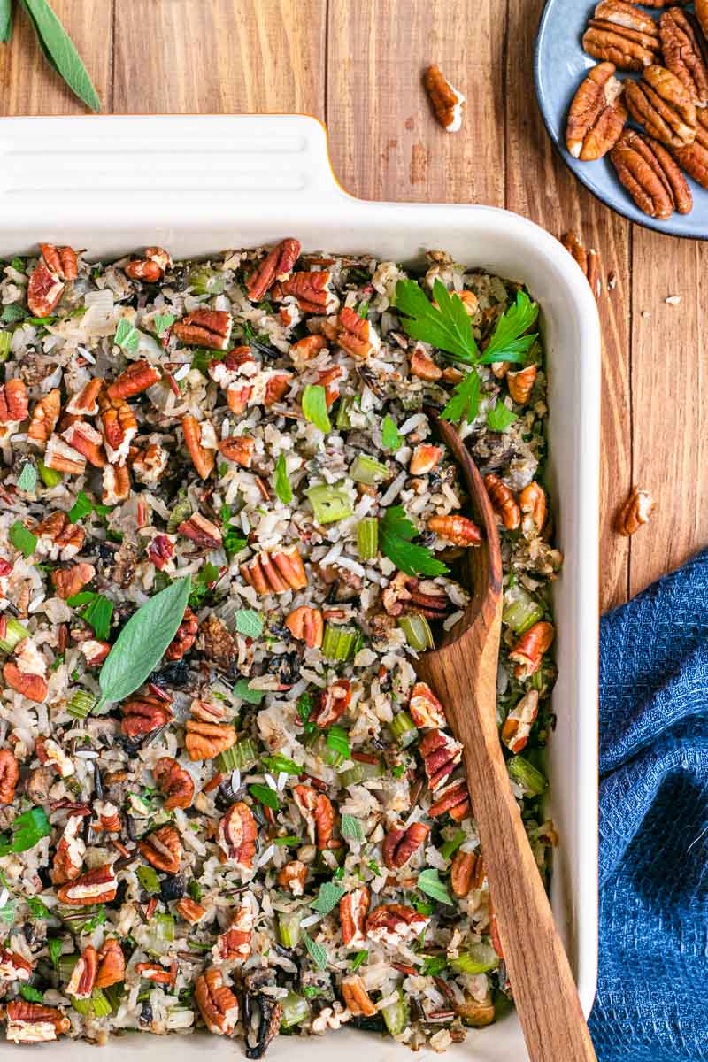 Healthy Wild Rice Stuffing in baking dish