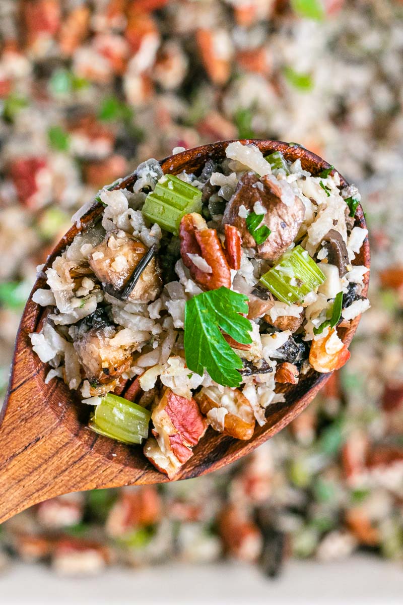 Healthy Wild Rice Stuffing close up on spoon