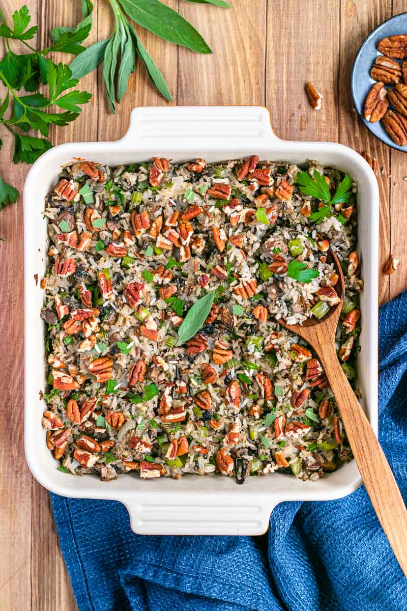 Healthy Wild Rice Stuffing in baking dish