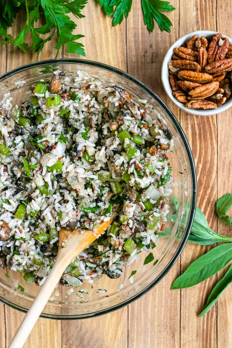 Healthy Wild Rice Stuffing in mixing bowl
