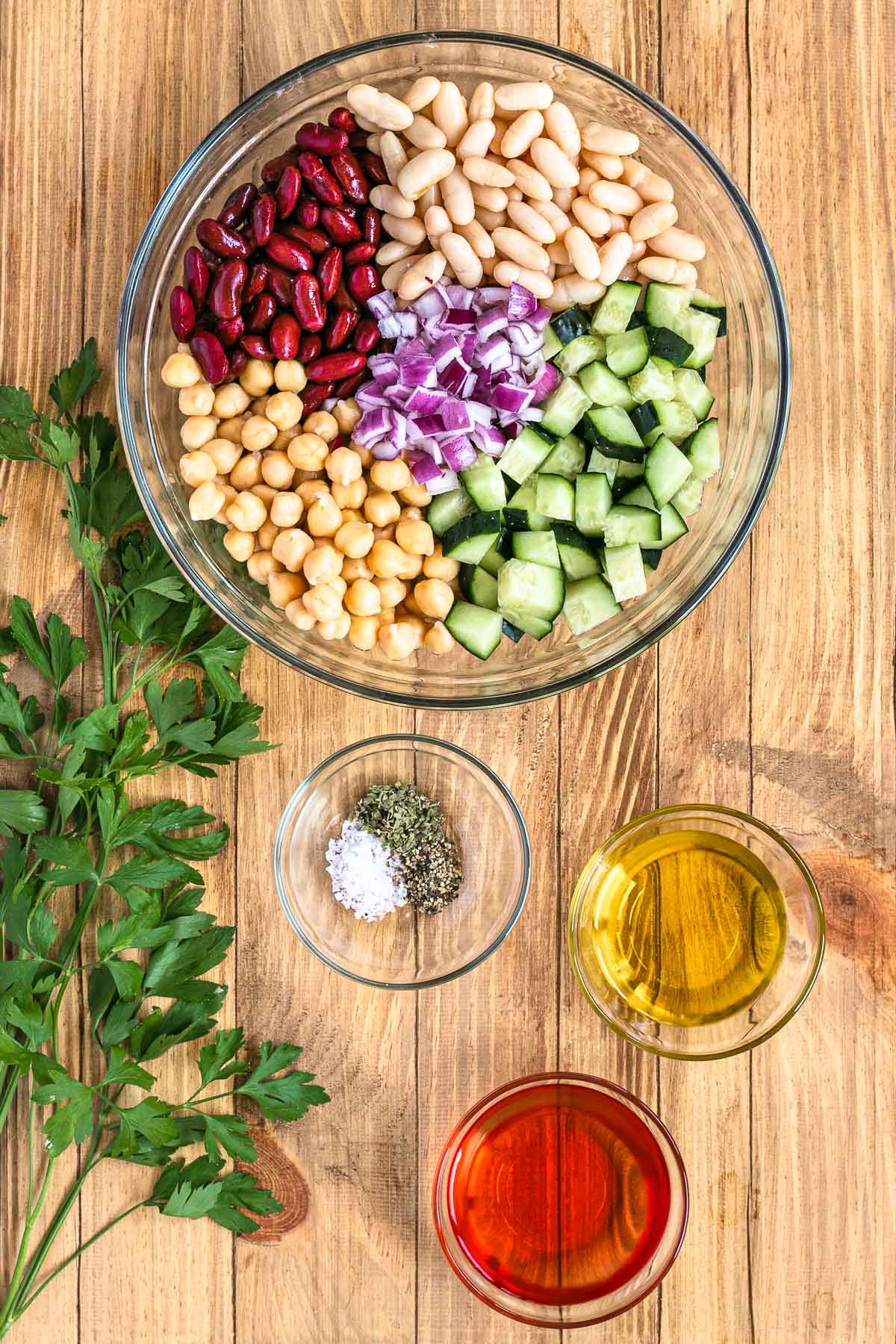 Three Bean Salad ingredients in bowl before mixing