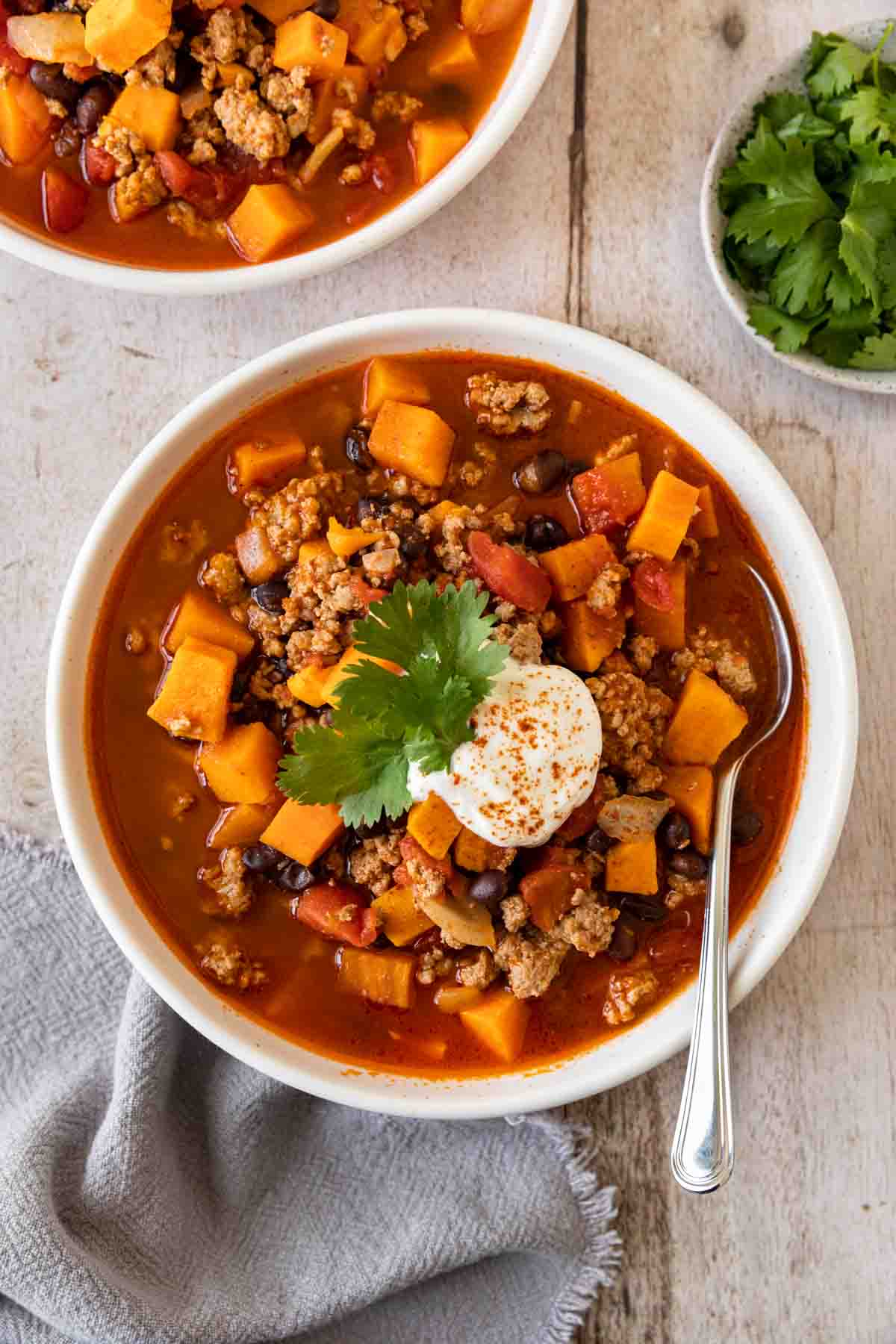 Turkey Sweet Potato Chili in a bowl with spoon