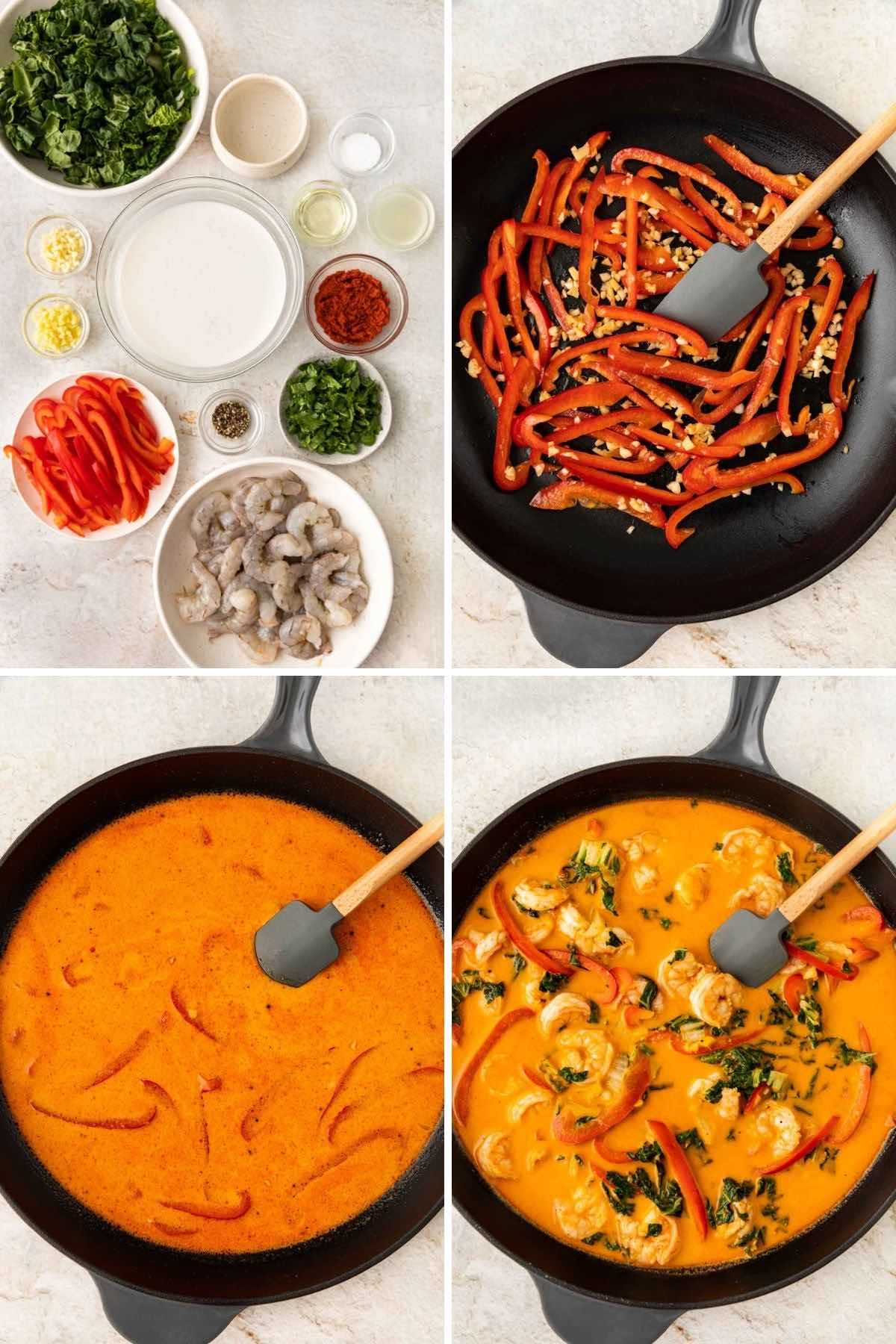 Coconut Shrimp Curry prep steps of ingredients being added to skillet