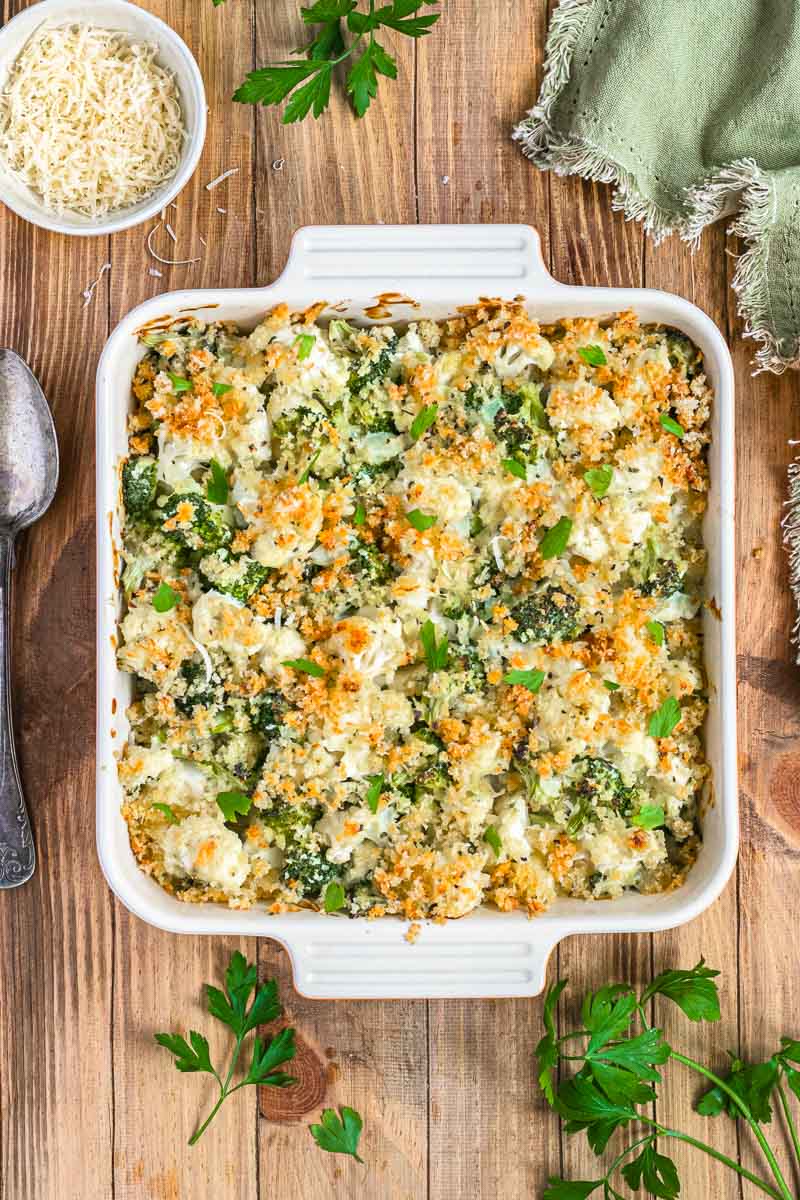 Broccoli Cauliflower Casserole in baking dish