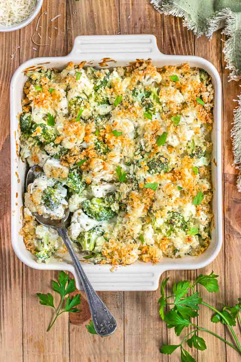 Broccoli Cauliflower Casserole in baking dish