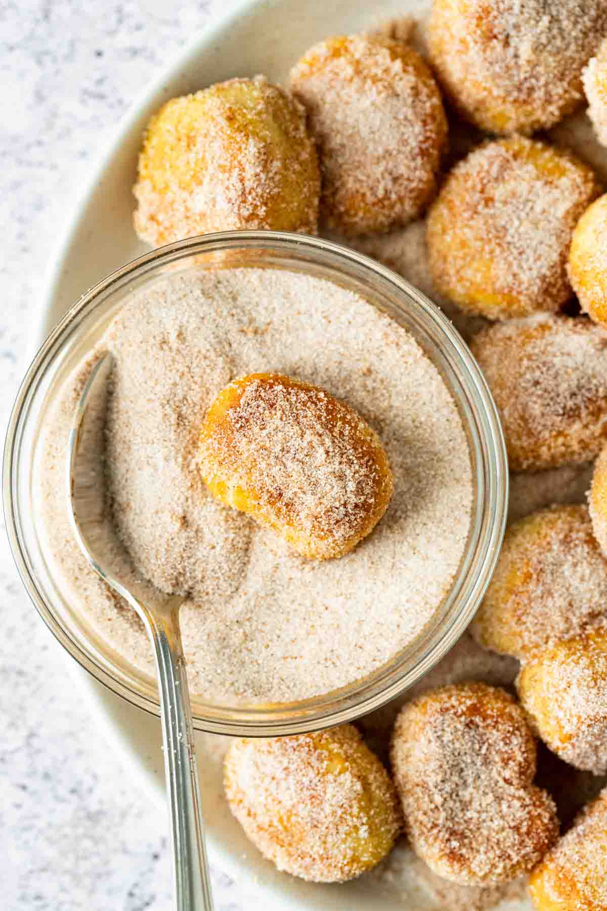 Cinnamon Sugar Pretzel Bites on platter with bowl