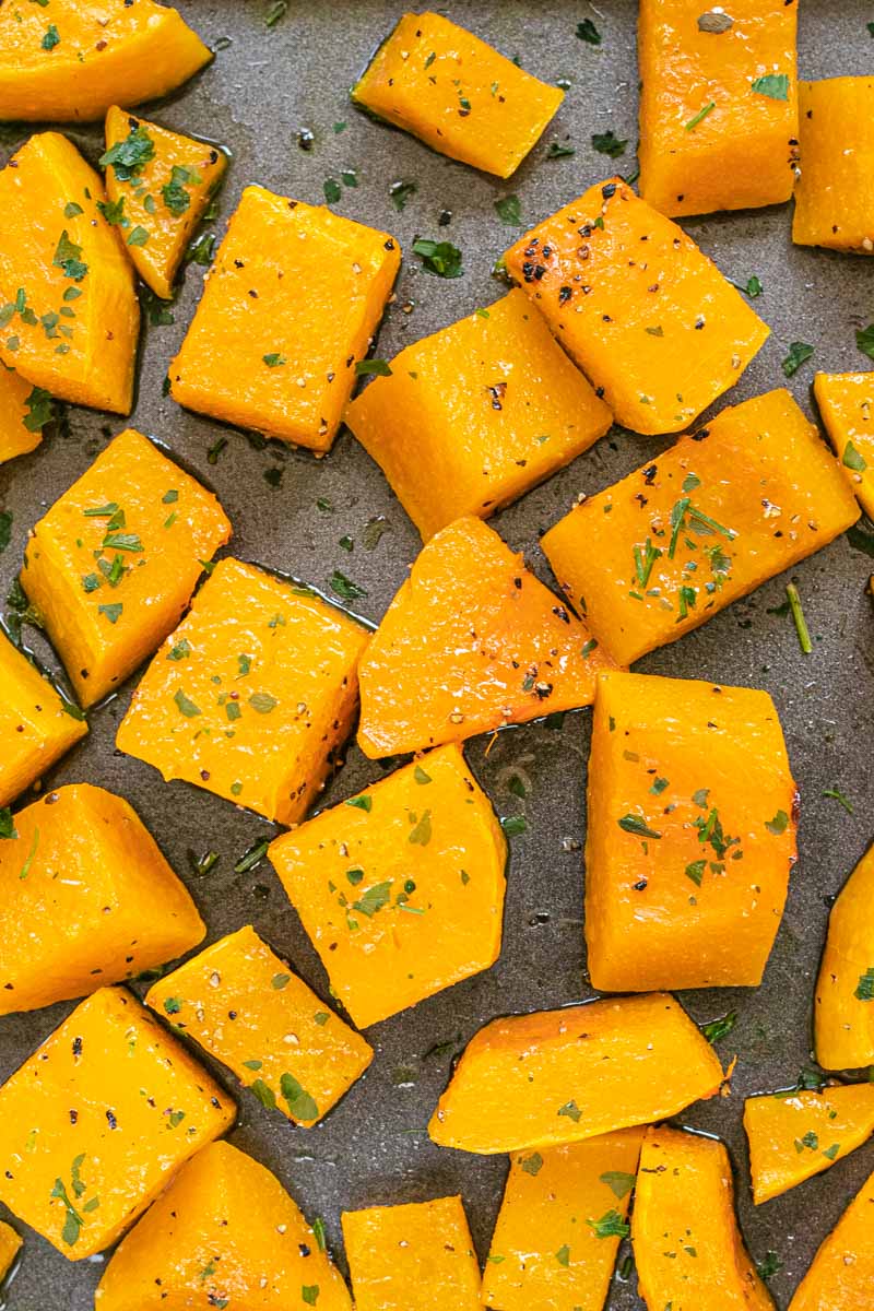 Roasted Butternut Squashed cubed on baking sheet