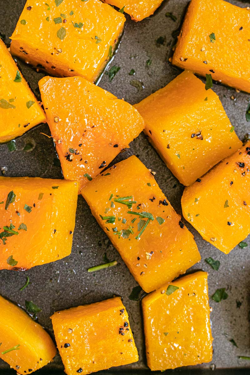 Roasted Butternut Squashed cubed on baking sheet