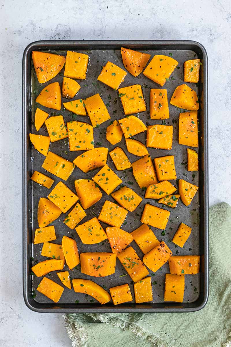 Roasted Butternut Squashed cubed on baking sheet