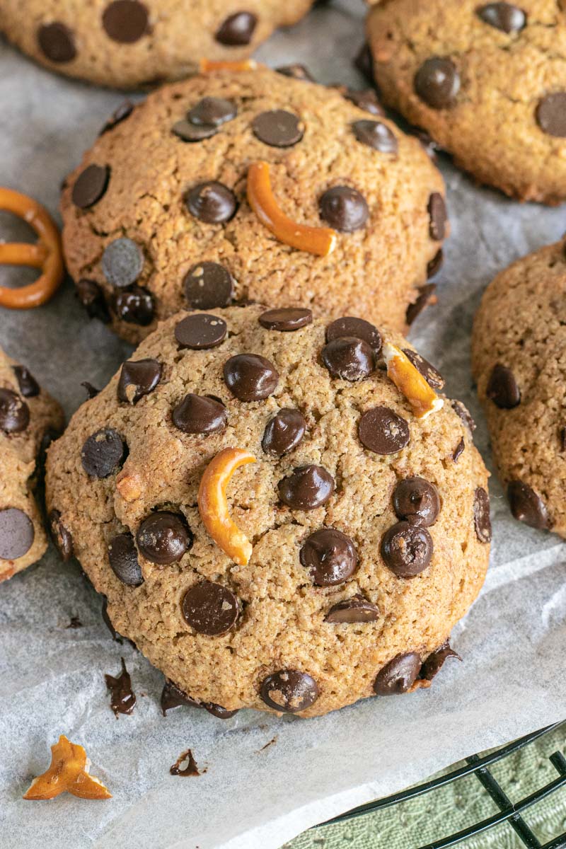 Healthier Chocolate Chip Pretzel Cookies view from above