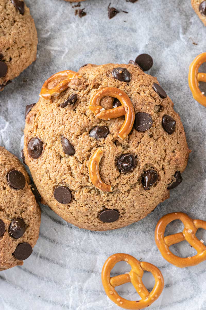 Healthier Chocolate Chip Pretzel Cookies view from above