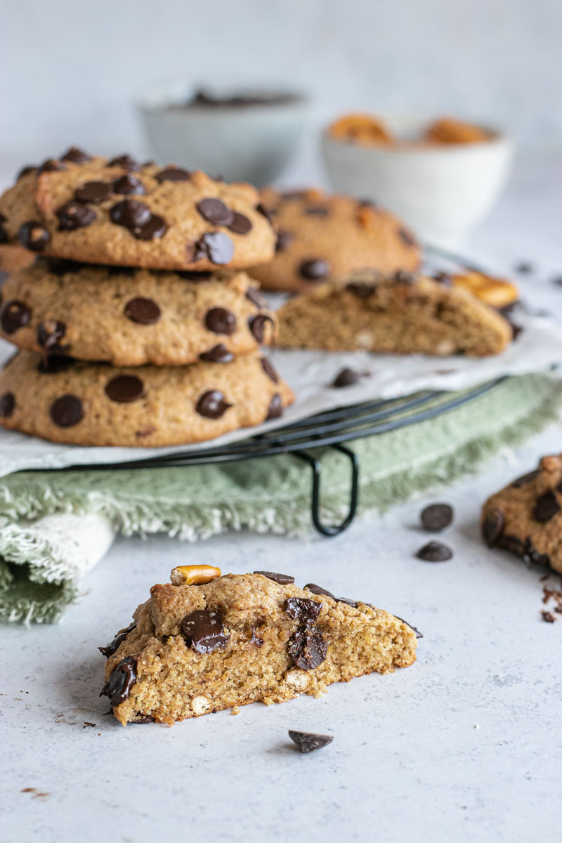 Healthier Chocolate Chip Pretzel Cookies cut in half