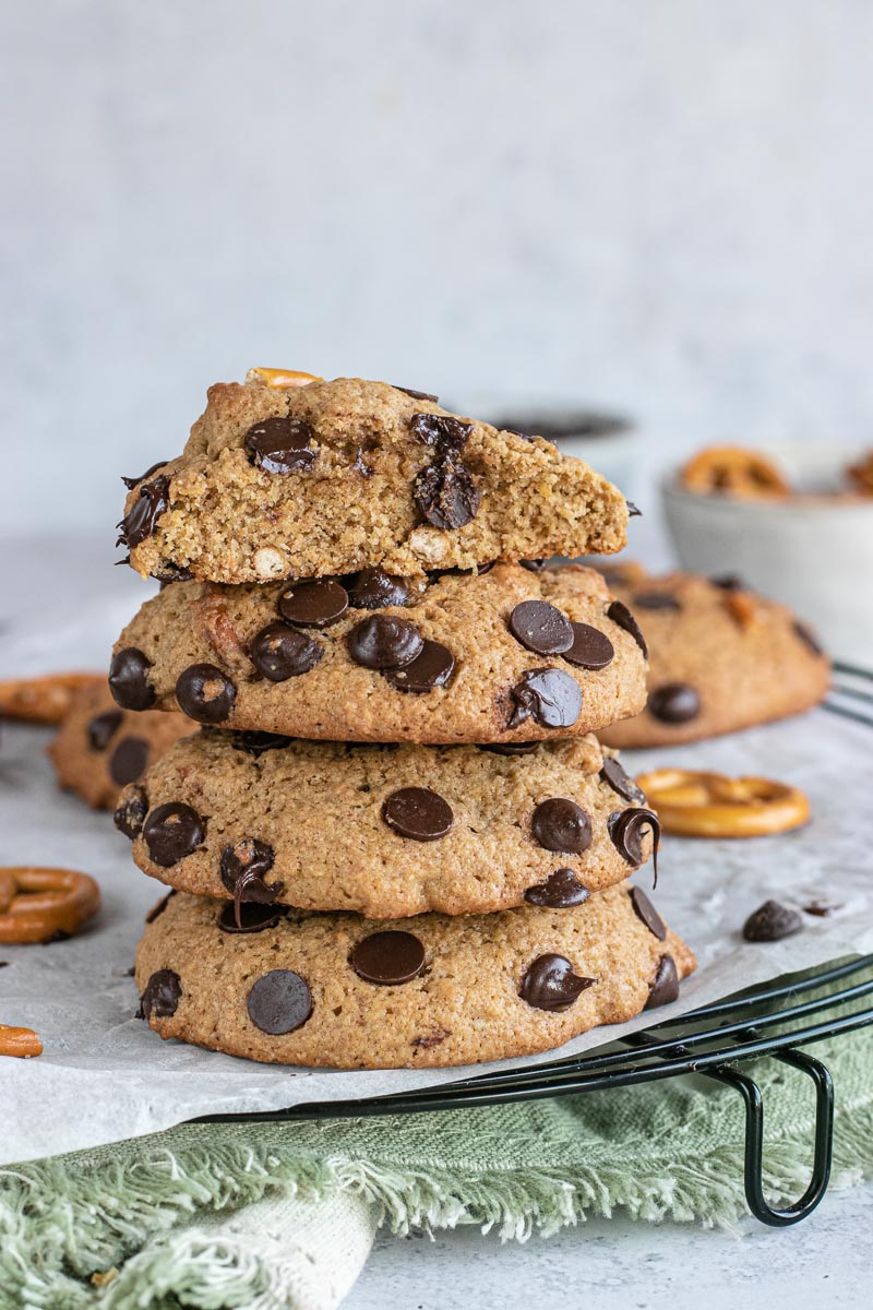 Healthier Chocolate Chip Pretzel Cookies stacked