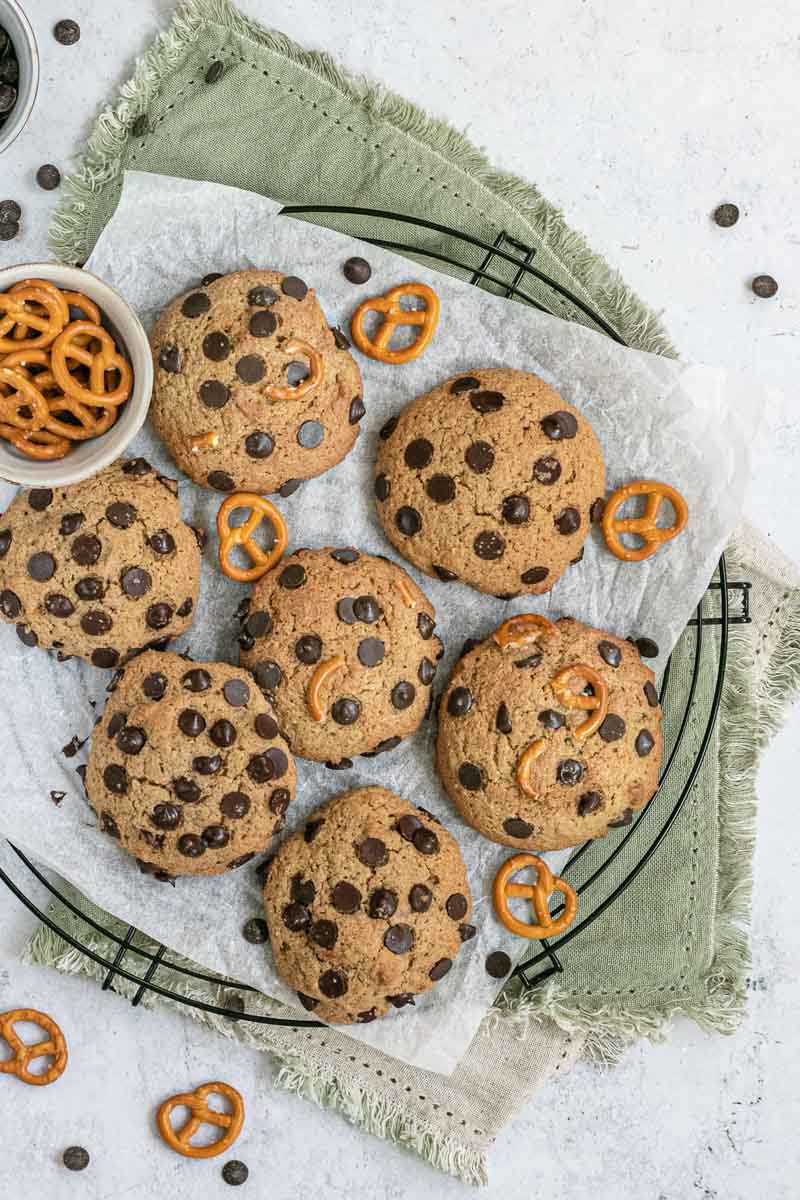 Healthier Chocolate Chip Pretzel Cookies on cooling rack