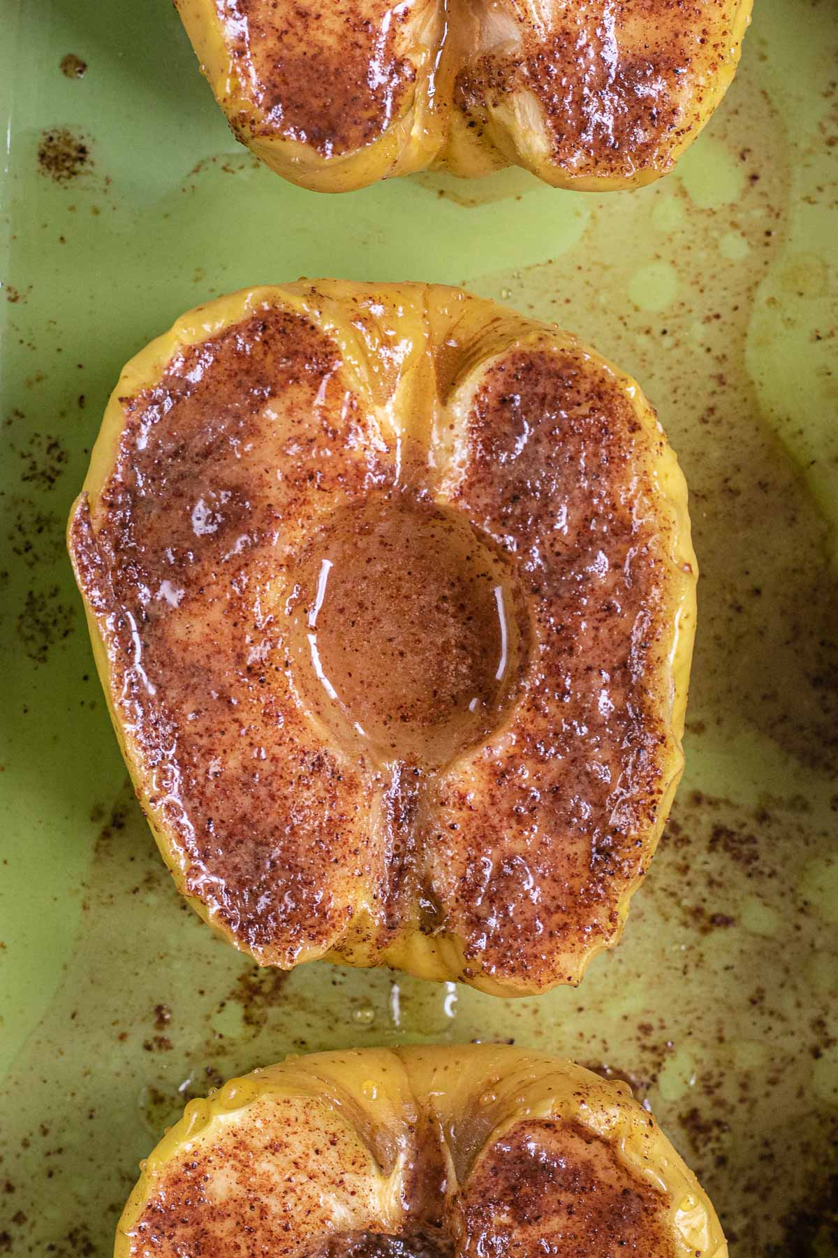 close-up of Healthy Cinnamon Baked Apples in baking dish