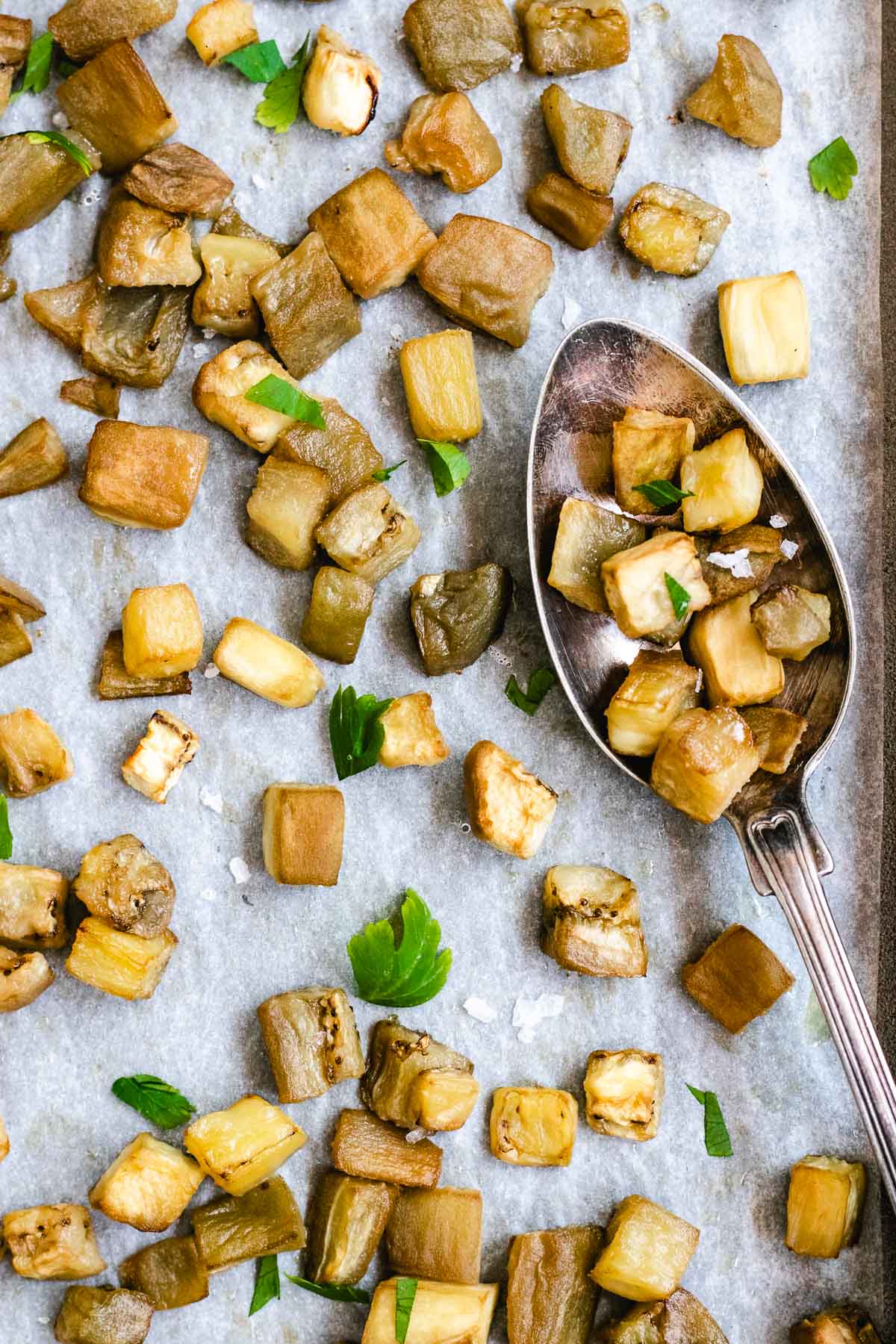 Roasted Eggplant on cookie sheet after cooking